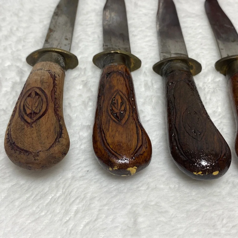 Vintage Carved Wood Steak Knives Set with Box, Antique Serving Knives, Set of‎ 6